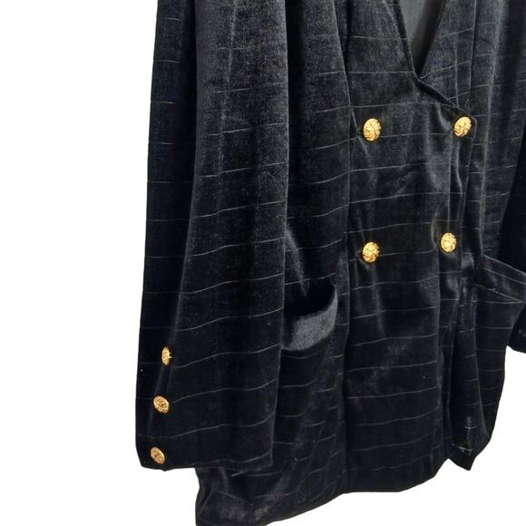 Velvet Jacket BLACK Blazer GOLD BUTTONS Deep V-neck Front Puff Shoulders Pockets - Picture 9 of 16